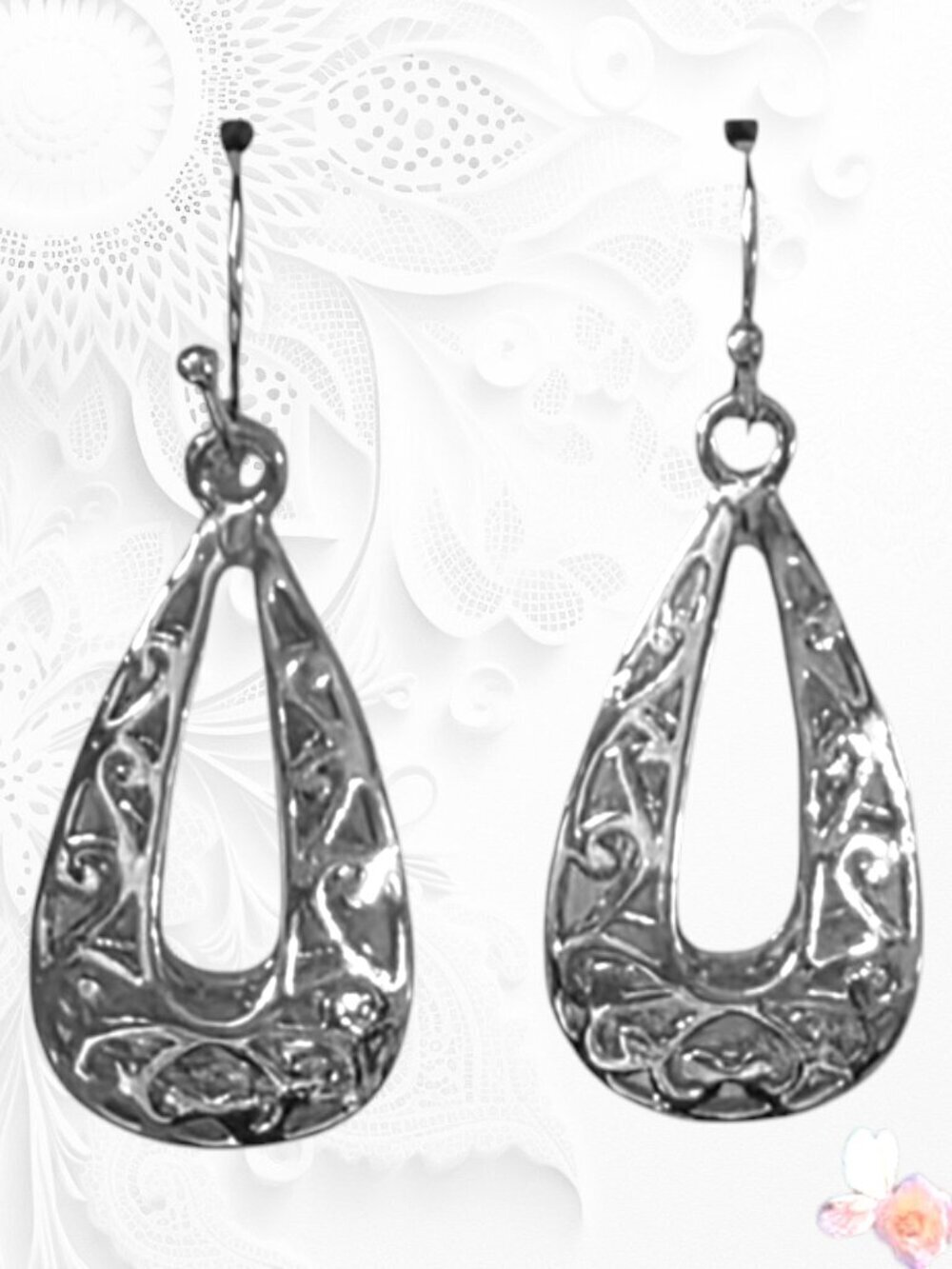 Platinum Tone Sears Scroll Teardrop Dangle Earrings Silver-Tone Drop 197